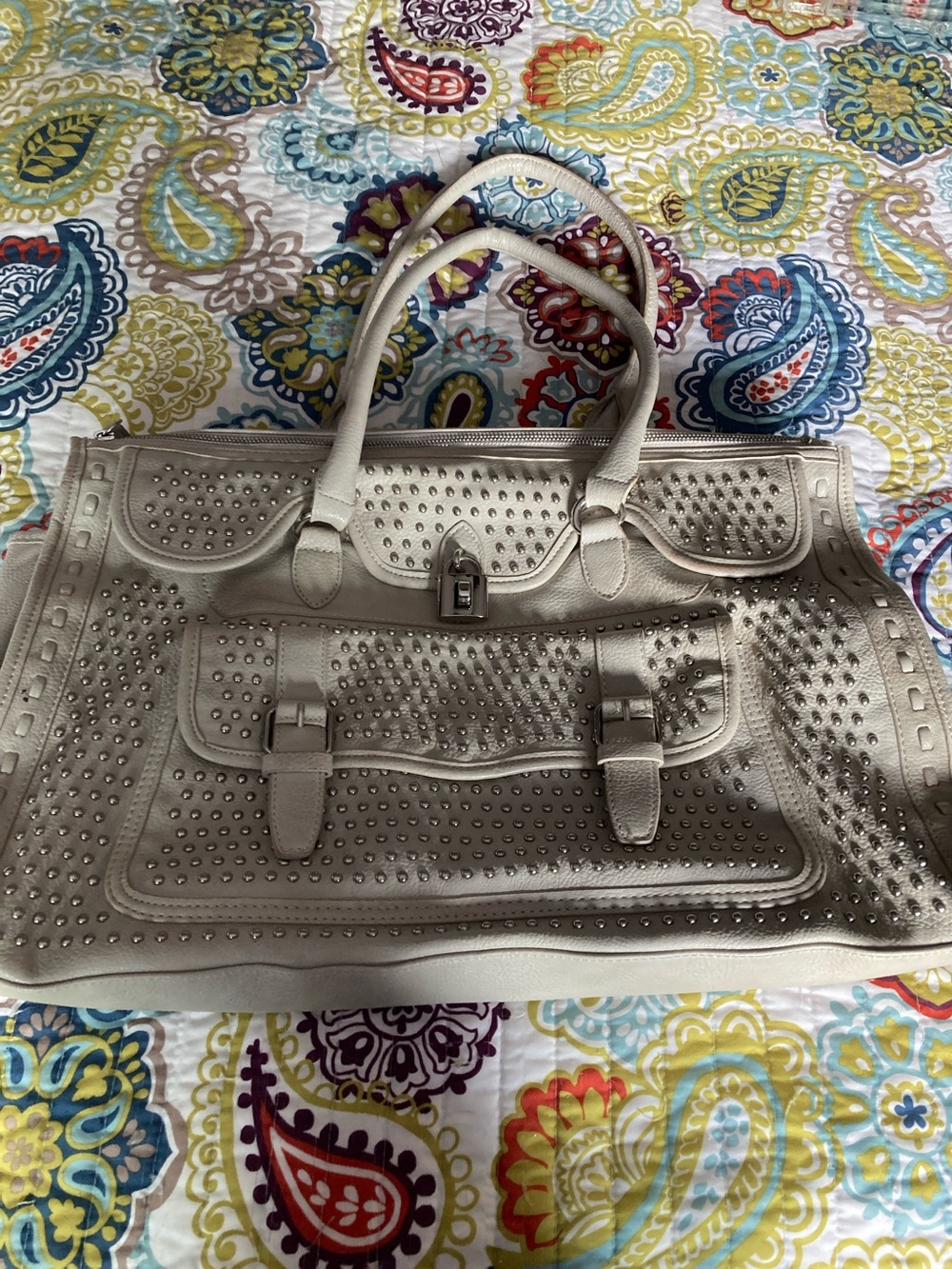 Jessica Simpson Cream Studded Tote with Front Pocket and Top Handles